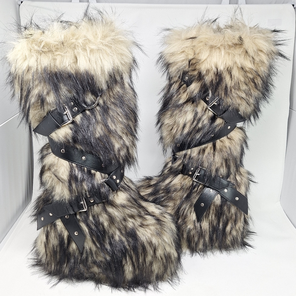 Dolls Kill Club Exx Knee High Fur Wedge Platform Boots Black Tan Studs Buckles